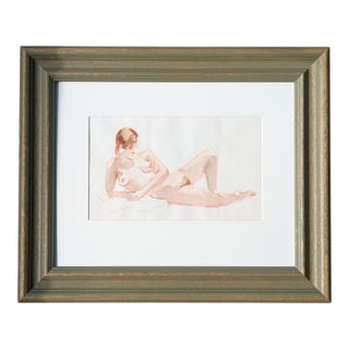 Mid-20th Century Academic Reclining Female Figure Study, Watercolor and Red Chalk on Paper, Unsigned, Sage Green Distressed Frame For Sale