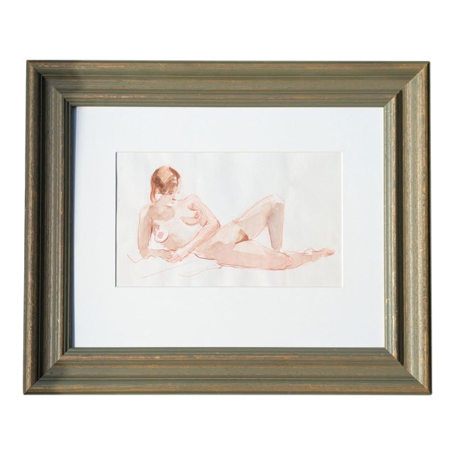 Mid-20th Century Academic Reclining Female Figure Study, Watercolor and Red Chalk on Paper, Unsigned, Sage Green Distressed Frame For Sale