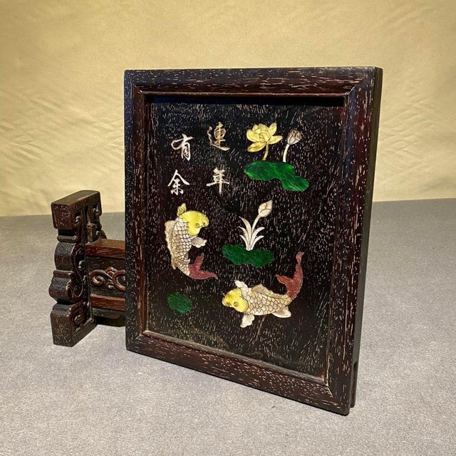 Brown Vintage Chinese Rosewood Table Screen With Mother-of-Pearl Inlay, Koi Fish Motif For Sale - Image 8 of 10