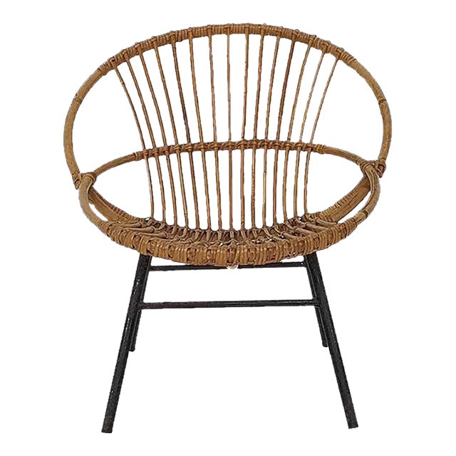 Rattan and Metal Lounge Chair by Rohe Noordwolde, The Netherlands, 1950s For Sale
