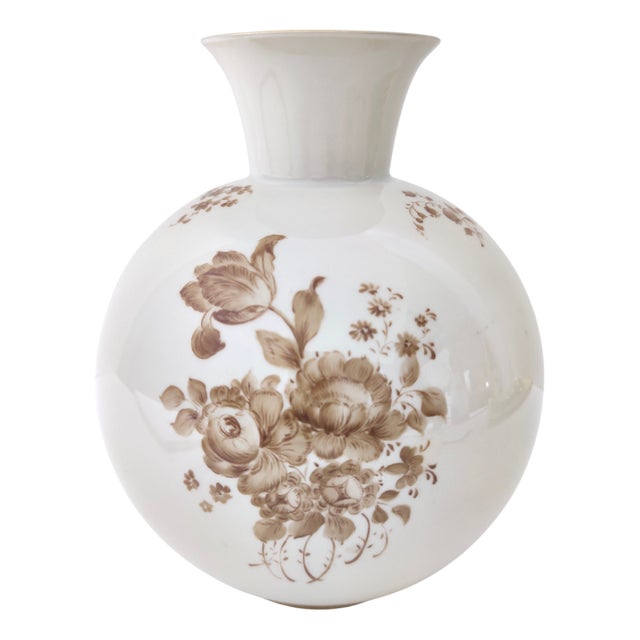 Ivory Ceramic Vase with Brown Floral Details from Rosenthal, Italy, 1943 For Sale
