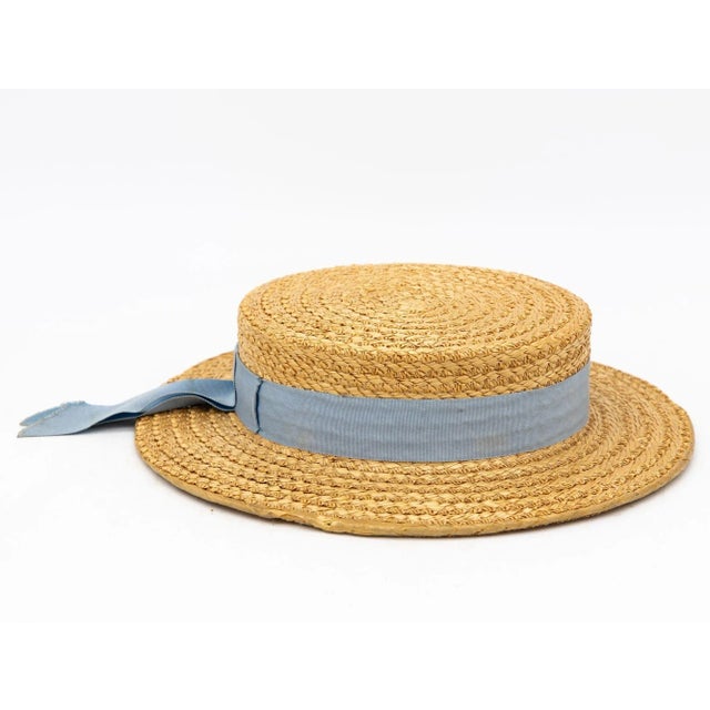 American Vintage Natural Straw Pale Blue Ribbon Bow Boater Hat, the Ridgemont Make, 1930s For Sale - Image 3 of 6