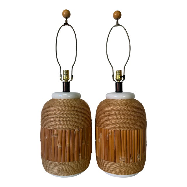 Pair of Vintage Coastal Organic Ceramic Table Lamps With Bamboo and Rope Wrap, 1970s For Sale