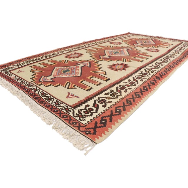 Vintage Turkish Kilim Rug with Tribal Style 05'05 x 09'10. Full of tiny details and a bold expressive design combined with...