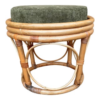Vintage Bamboo Ottoman with Upholstered Cushion For Sale