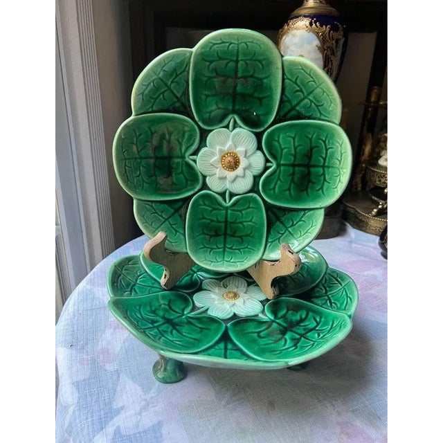 Ceramic Set of 3 English Majolica Pottery Low Compote and Plates Lily Pads & Herons, C. 1870-1880 For Sale - Image 7 of 11