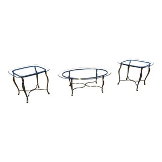 Vintage Hollywood Regency Style Oval Glass-Top Coffee Table and Side Table Set For Sale