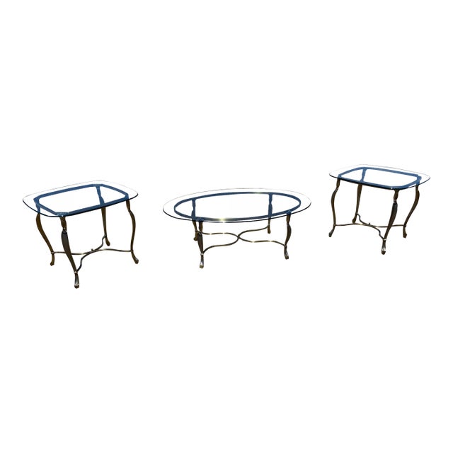 Vintage Hollywood Regency Style Oval Glass-Top Coffee Table and Side Table Set For Sale