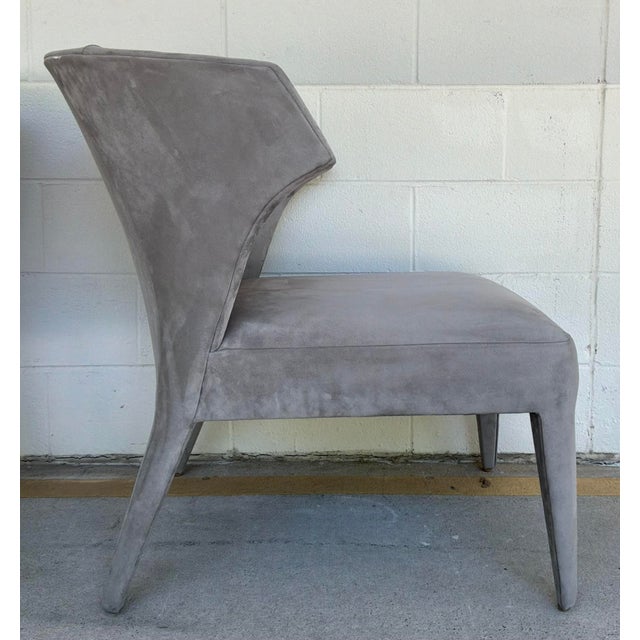 Original retail $10,000, timeless Baker Modern gray Suede Lapel Lounge Chairs set of 2, showroom floor samples