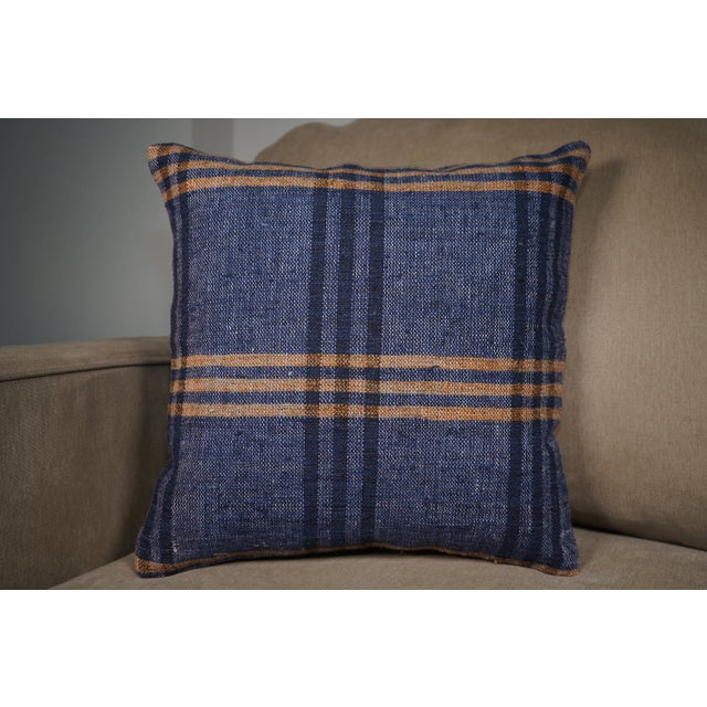 Set of 3 Vintage Handwoven Indigo Stripe Pillows – 16x16 For Sale - Image 13 of 17
