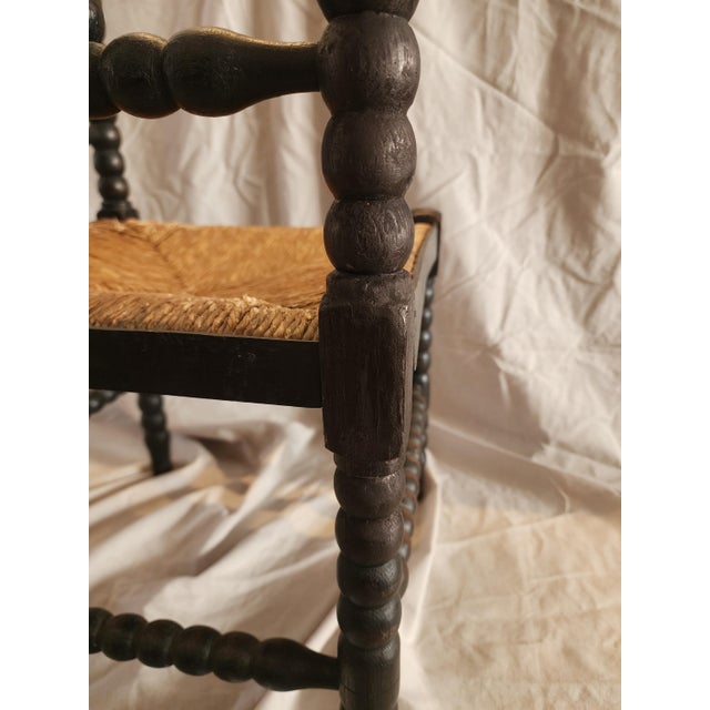 Wood Antique Bobbin Corner Chair, Rush Seat Chair, Spanish Colonial Style, Woven Seat Armchair, Primitive Wooden Chair For Sale - Image 7 of 13