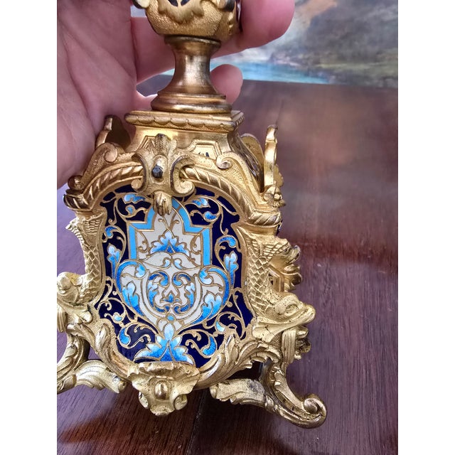 Traditional Antique Faberge Style Bronze Enamel Dolphin Clock Set For Sale - Image 3 of 18