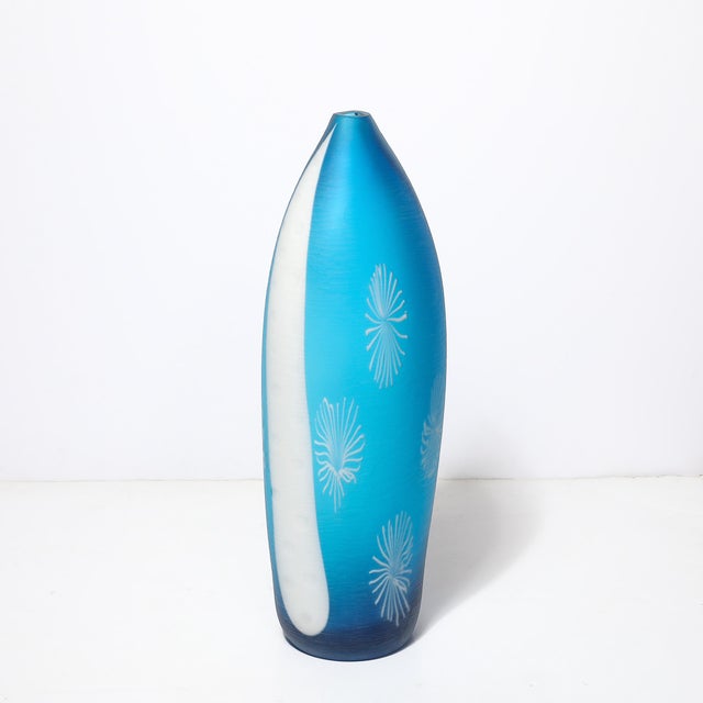 Mid-Century Hand-Blown Cerulean Blue Murano Glass Vase W/ Battuto Texturing For Sale - Image 16 of 16