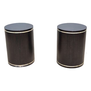 2000s Faux Bois Wood & Mother of Pearl Drum Tables Drink Accent Side Tables, a Pair For Sale