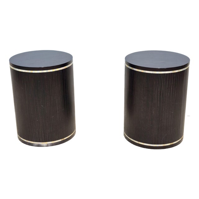 2000s Faux Bois Wood & Mother of Pearl Drum Tables Drink Accent Side Tables, a Pair For Sale