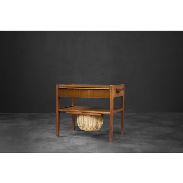Beige Vintage Danish Modern Teak Thread Side Table with Wicker Basket, 1960s For Sale - Image 8 of 13