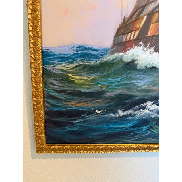 Tall Ship Seascape Oil Painting on Canvas Clipper Ship Nautical Art Framed For Sale - Image 4 of 11
