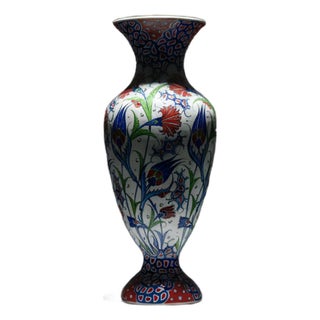 Handmade Ceramic Palace Vase (50cm) Red Carnations and Geometric Mosaic Neck Pedestal Urn For Sale