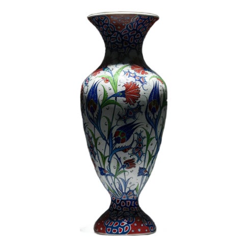 Handmade Ceramic Palace Vase (50cm) Red Carnations and Geometric Mosaic Neck Pedestal Urn For Sale
