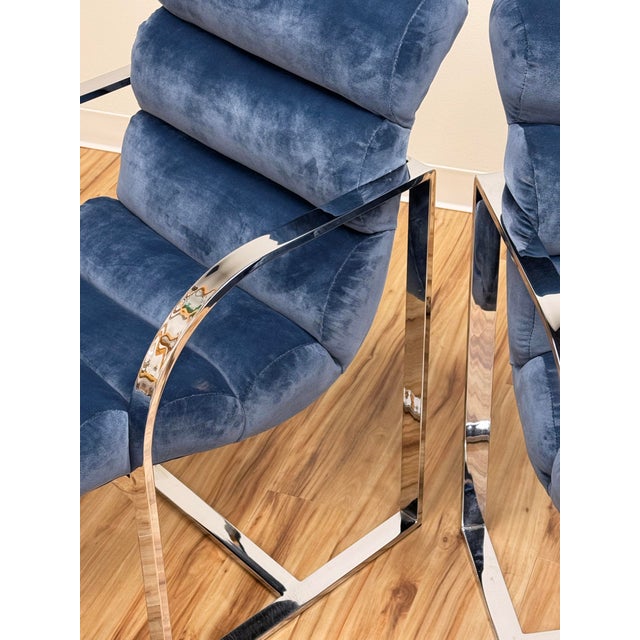 Vintage Newly Upholstered Blue Velvet Chrome Sling Chairs, a Pair For Sale - Image 15 of 18