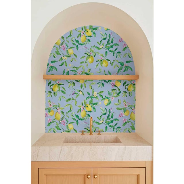 Not Yet Made - Made To Order Limoncello Floral & Lemon Grasscloth Wallpaper by House Party | Mediterranean Blue | 6 Yards For Sale - Image 5 of 7