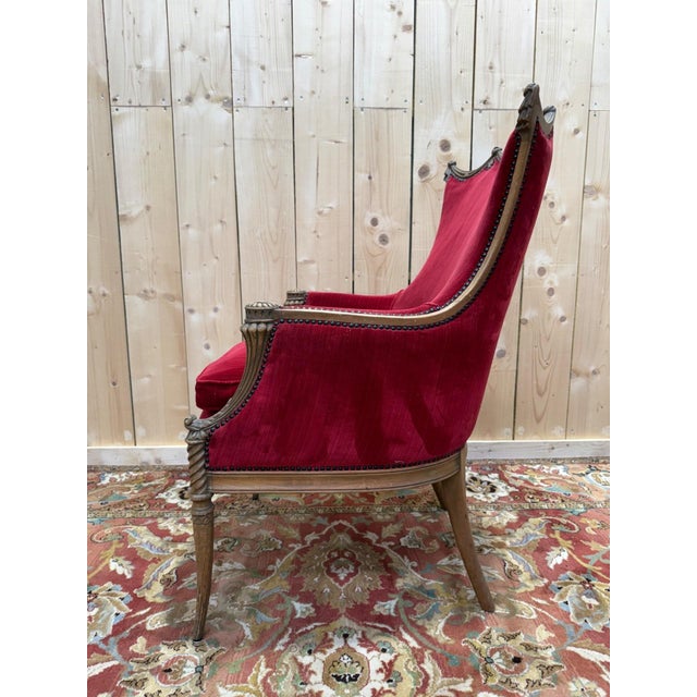 Art Nouveau Gondola-Style Bergère Chair in Carved Wood and Red Velvet, 1890s For Sale - Image 5 of 8