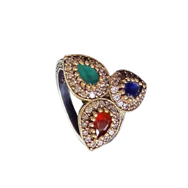 Silver Vintage Natural Ruby, Emerald, Sapphire & Diamond Ring - 925 Sterling Silver Size 8 For Sale - Image 8 of 9