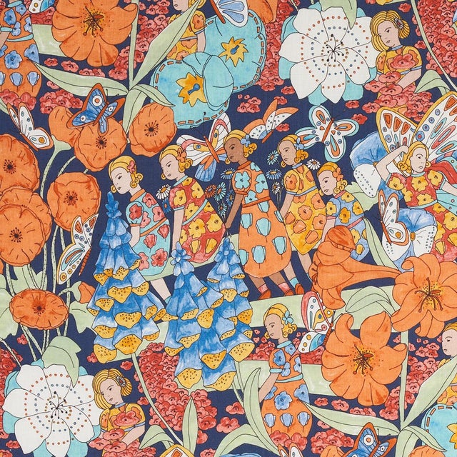 Schumacher Sample - Schumacher X Clements Ribeiro Fairie Garden Fabric in Orange & Navy For Sale - Image 4 of 4
