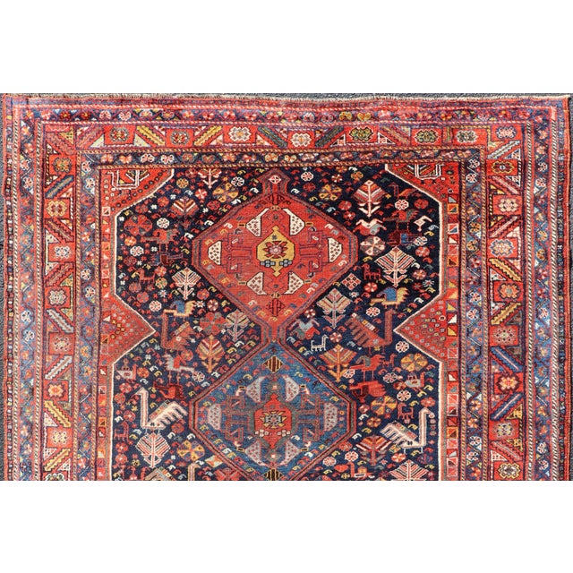 Measures: 5'1 x 6'2. Antique Persian Qashqai Shiraz tribal rug with tribal diamond Design, Keivan Woven Arts / rug...