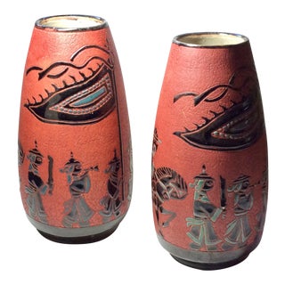 20th Century Asian Modern Carved Ceramic Vases - a Pair For Sale