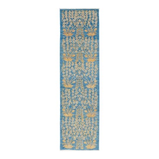 3 X 10 Blue Modern Art & Crafts Wool Rug Handmade With Floral Pattern For Sale