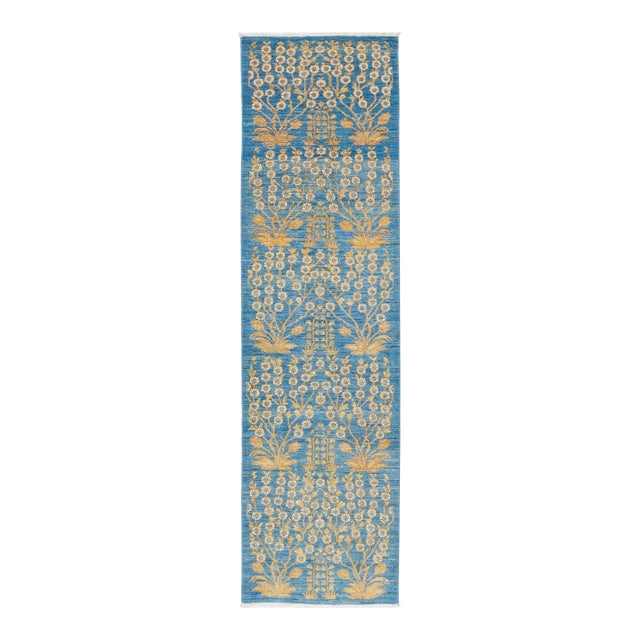 3 X 10 Blue Modern Art & Crafts Wool Rug Handmade With Floral Pattern For Sale