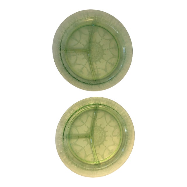 Vintage Uranium Etched Glass Divided Plates- Set of 2 For Sale