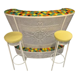 1950s Mid Century Ceramic and Stools Wrought Bar and 2 Stolls- Set of 3 Style Mathieu Mategot France