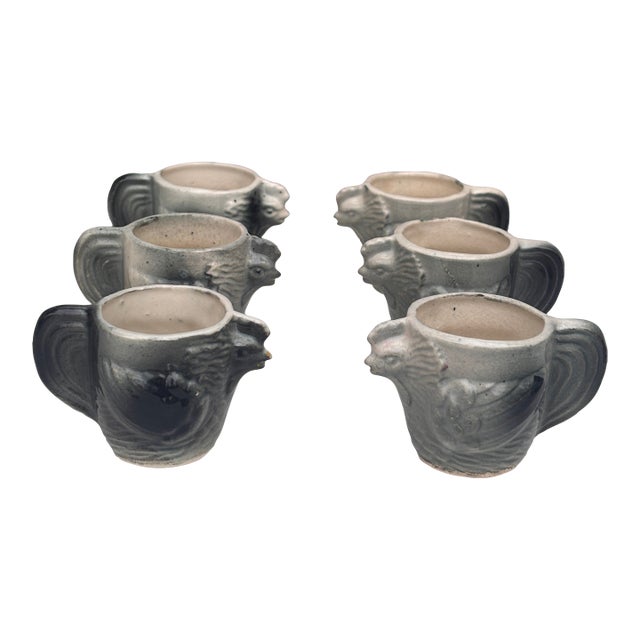Set of 6 French Majolica Roosters Egg Cup Circa 1900 For Sale