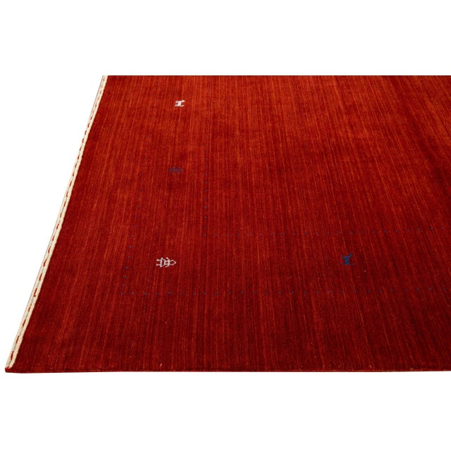 Modern Gabbeh Style Red Hand-Loom Minimalist Pattern Wool Rug For Sale - Image 4 of 11