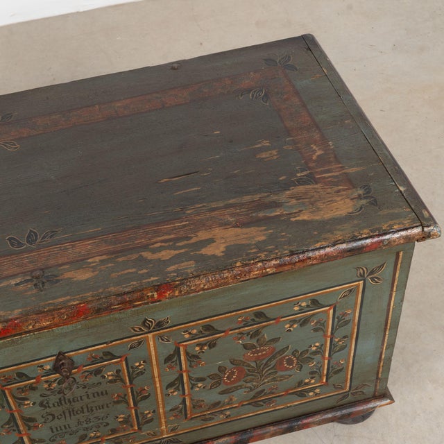 Mid 19th Century 1836 Hungarian Original Hand-Painted Teal Flat Top Pine Trunk For Sale - Image 5 of 18