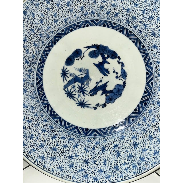 Antique 16" Blue and White Plate With Detailed and Intricate Hand Painting Pine and Plum Design For Sale - Image 13 of 18