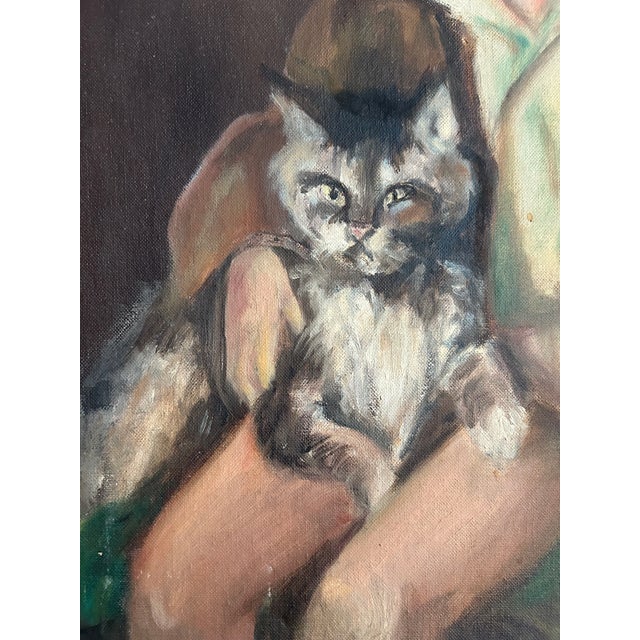 Mid Century Modern Portrait of Boy With Cat, Signed & Dated 1966 For Sale - Image 4 of 5