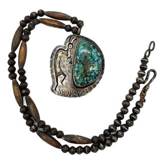 1990s South Western Navajo Kokopelli Sterling Silver Necklace W/ Large Turquoise Stone Signed R For Sale