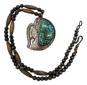 1990s South Western Navajo Kokopelli Sterling Silver Necklace W/ Large Turquoise Stone Signed R