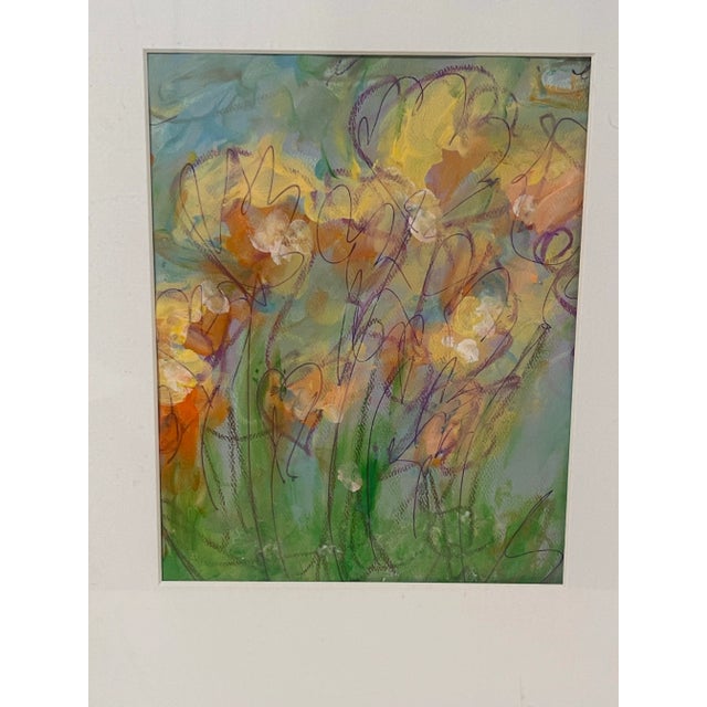 Abstract Original Mixed Media Artwork “Flowers in Field” (Watered Acrylic Painting and Ink on Art Paper); Signed, Framed For Sale - Image 3 of 12