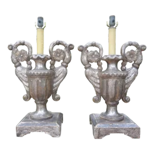 Pair of 18th Century Italian Silver Giltwood Lamps