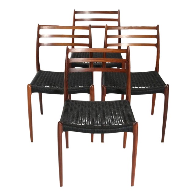 Model 78 Dining Chairs in Teak with Black Paper Cord Seats by Niels Otto (N. O.) Møller for J. L. Møllers, Denmark, 1960s, Set of 4 For Sale