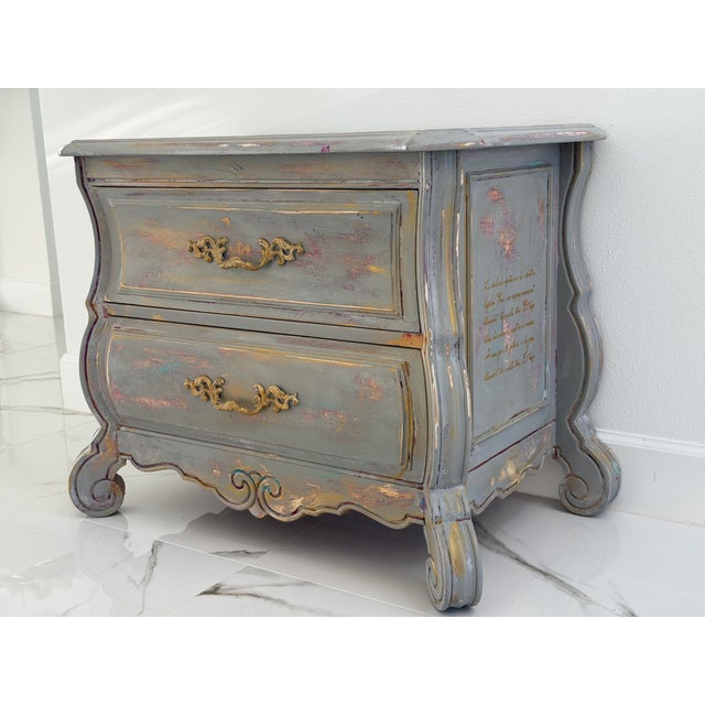 1970s Artisan-Finished Louis XV Chest with Poetic Script Detail For Sale In Naples, FL - Image 6 of 12