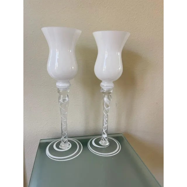 Glass White Tall Vases Candlesticks, Made in Poland - a Pair For Sale - Image 4 of 8