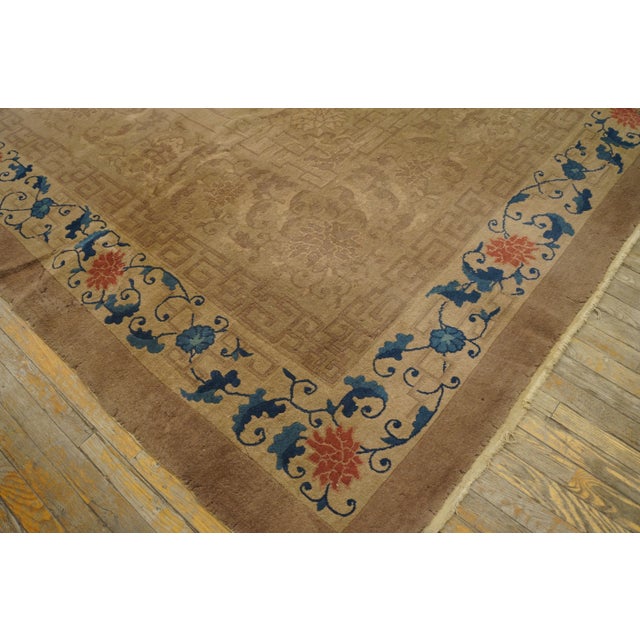 1920s 1920s Beige Floral Greek Key Antique Chinese Art Deco Rug 9' 0'' X11' 8'' Knotted Wool Carpet For Sale - Image 5 of 9