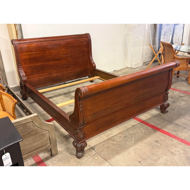 Traditional Queen Size Empire Revival Style Carved Mahogany Sleigh Bed Frame For Sale - Image 3 of 12