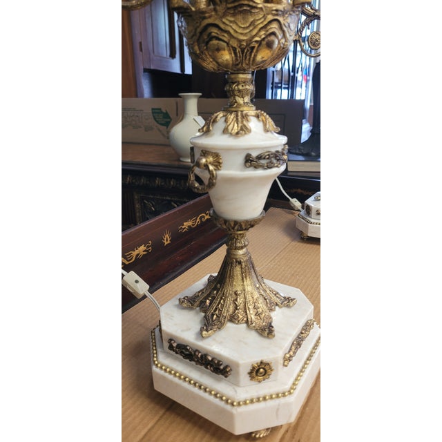 1950s Pair French Stone and Gilt Brass Candelabra Lamps For Sale - Image 12 of 16