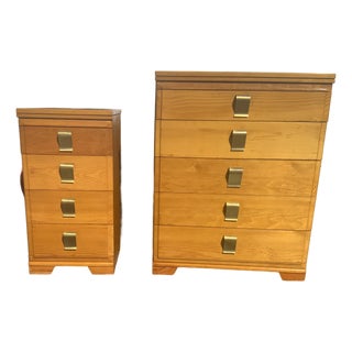 Mid-Century Modern Minimalist Blonde Ash 5-Drawer & Matching 4-Drawer Tall Nightstand Set - Built With Atlas Plywood Components in the Style of Mengel For Sale